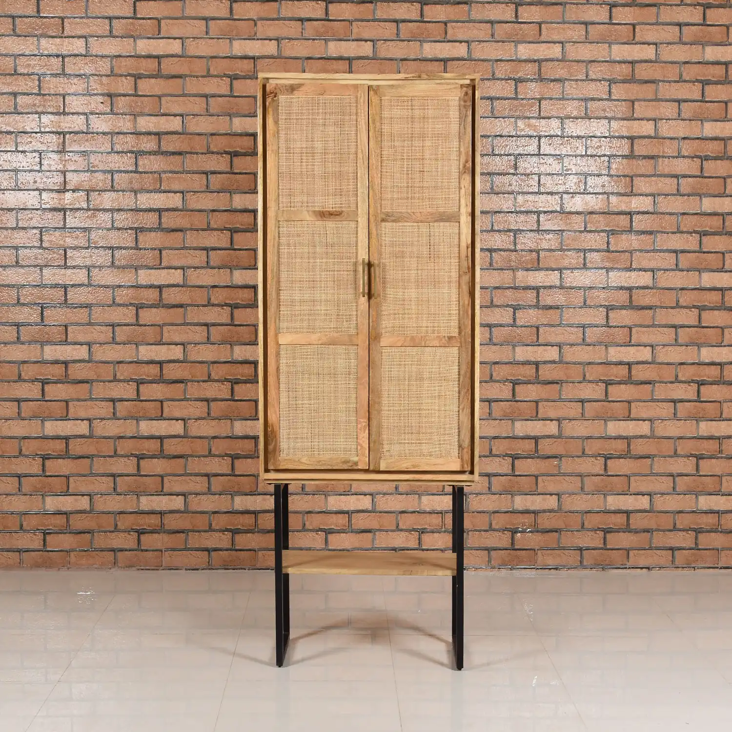 Wooden & Rattan Almirah with 2 Doors & 1 Open Shelf  KD - popular handicrafts